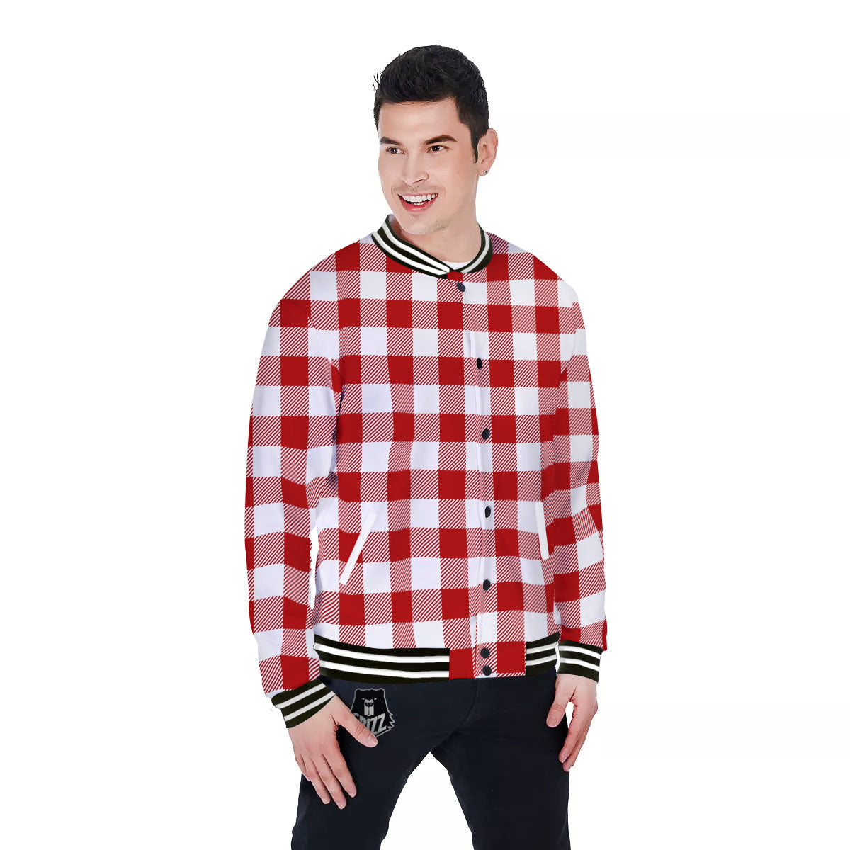 Buffalo Check White And Red Print Baseball Jacket-grizzshop