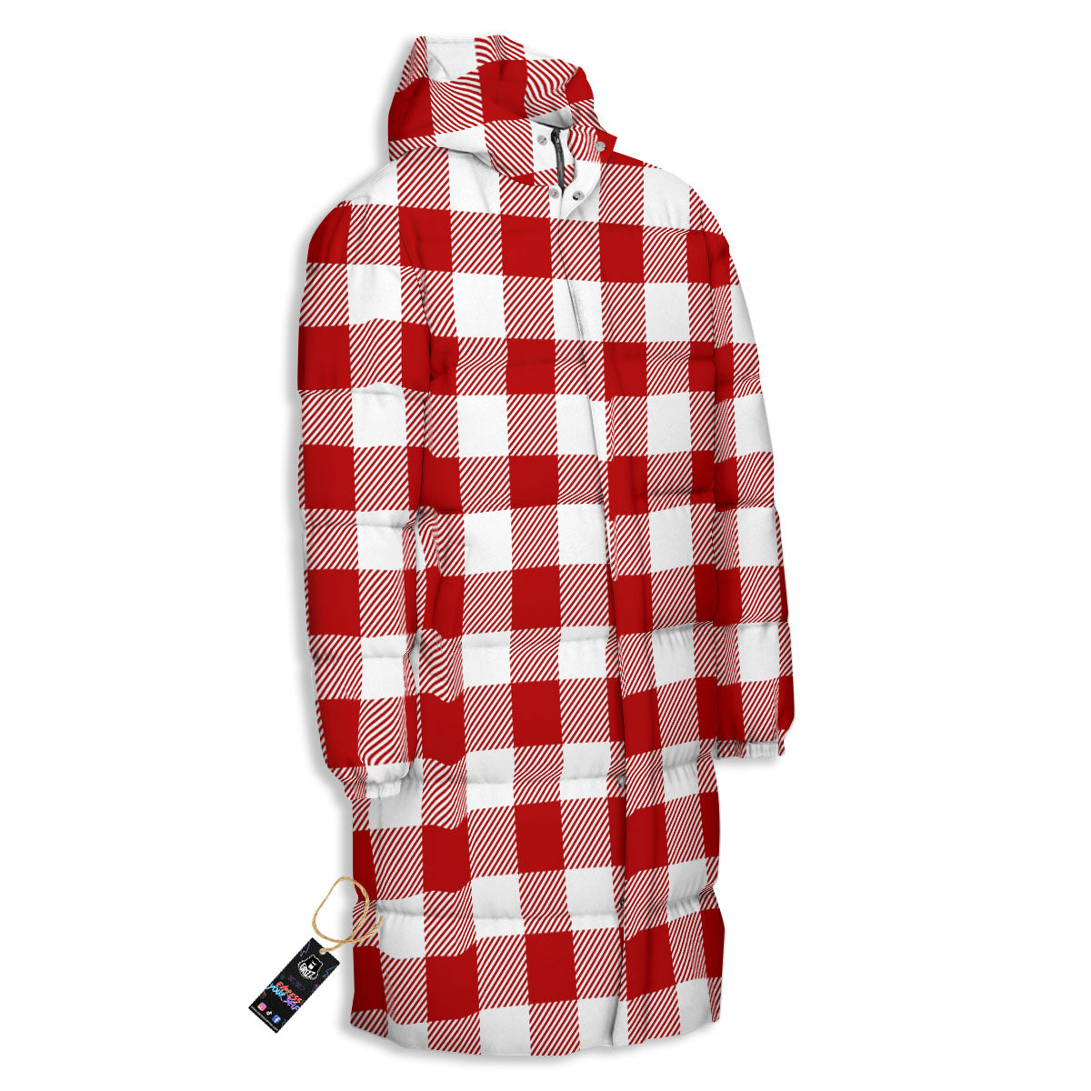 Buffalo Check White And Red Print Long Down Jacket-grizzshop