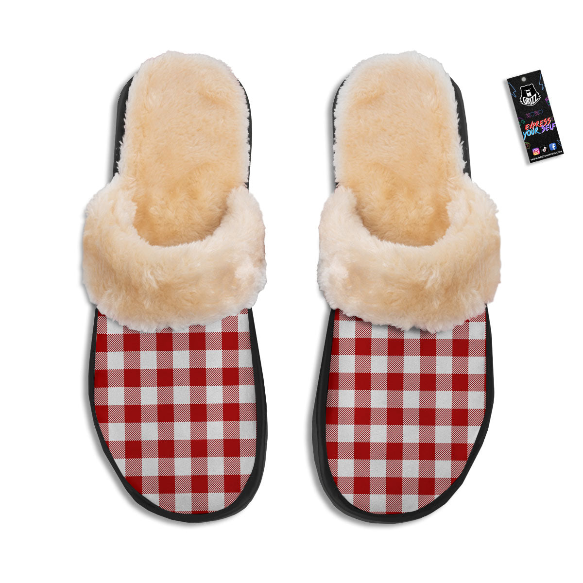 Buffalo Check White And Red Print Slippers-grizzshop