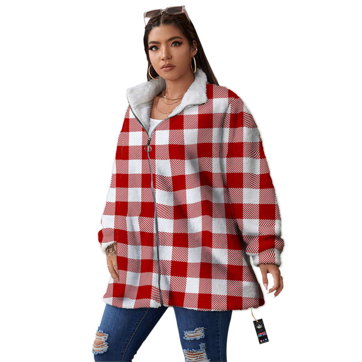Buffalo Check White And Red Print Women's Sherpa Jacket-grizzshop