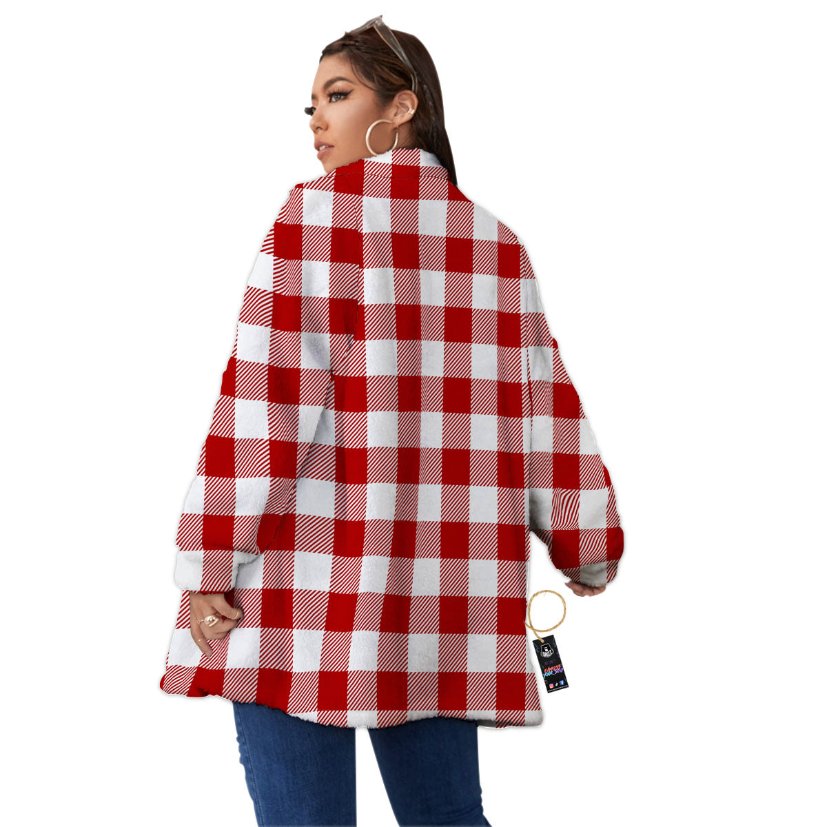 Buffalo Check White And Red Print Women's Sherpa Jacket-grizzshop