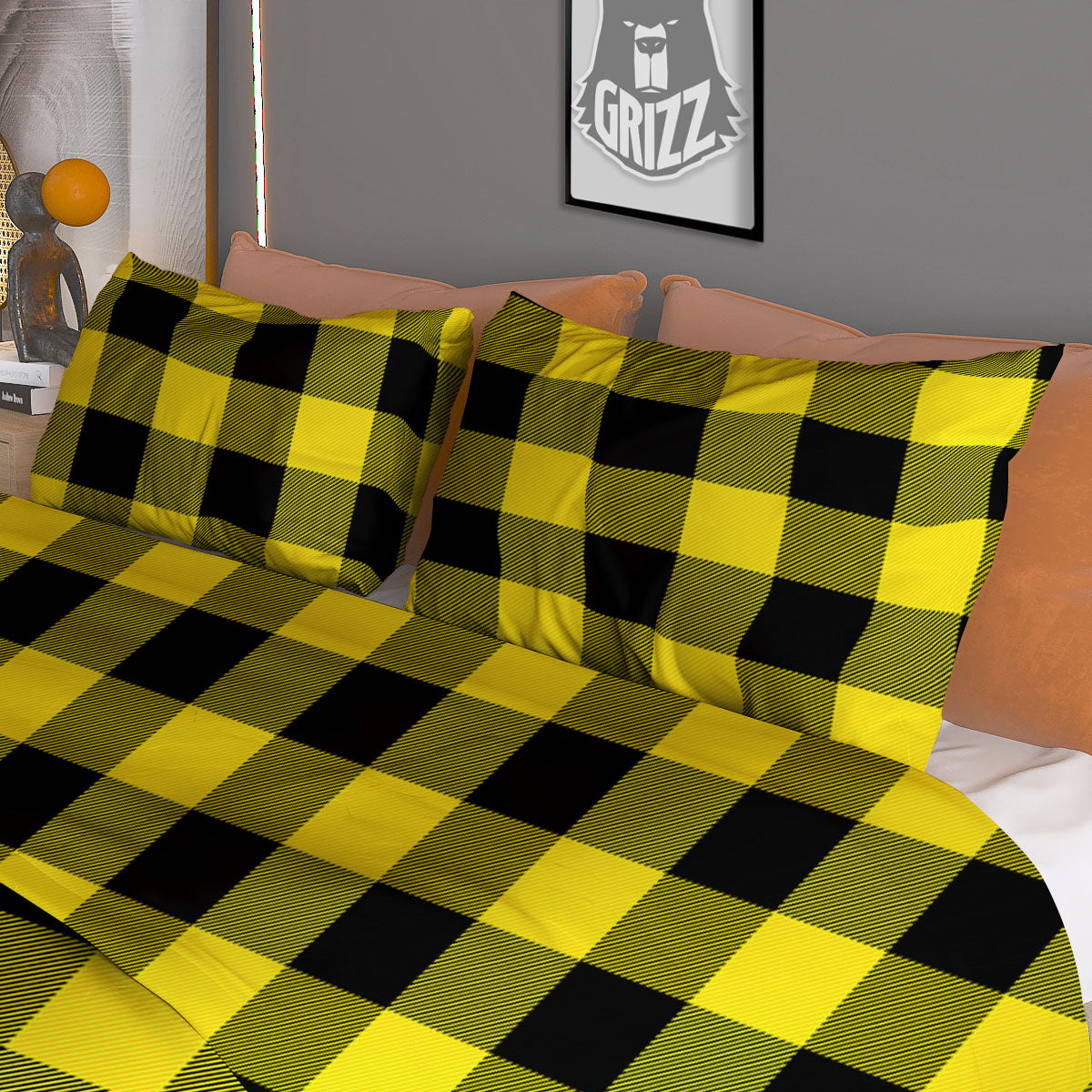 Buffalo Check Yellow And Black Print Pattern Duvet Cover Bedding Set