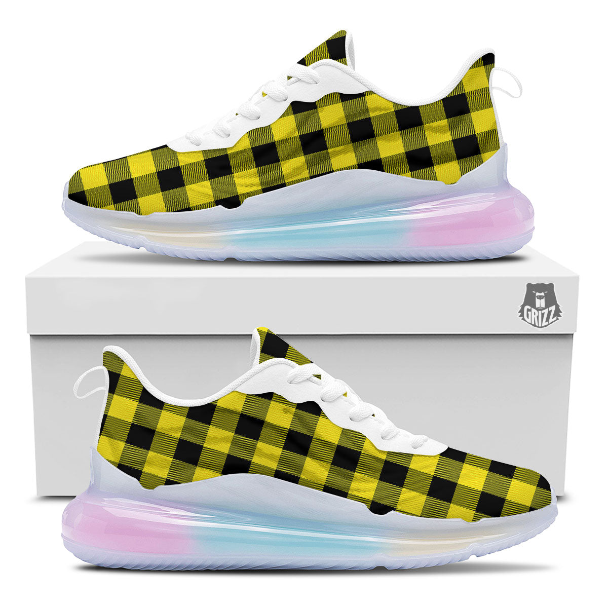 Buffalo Check Yellow And Black Print Pattern Running Sneakers-grizzshop