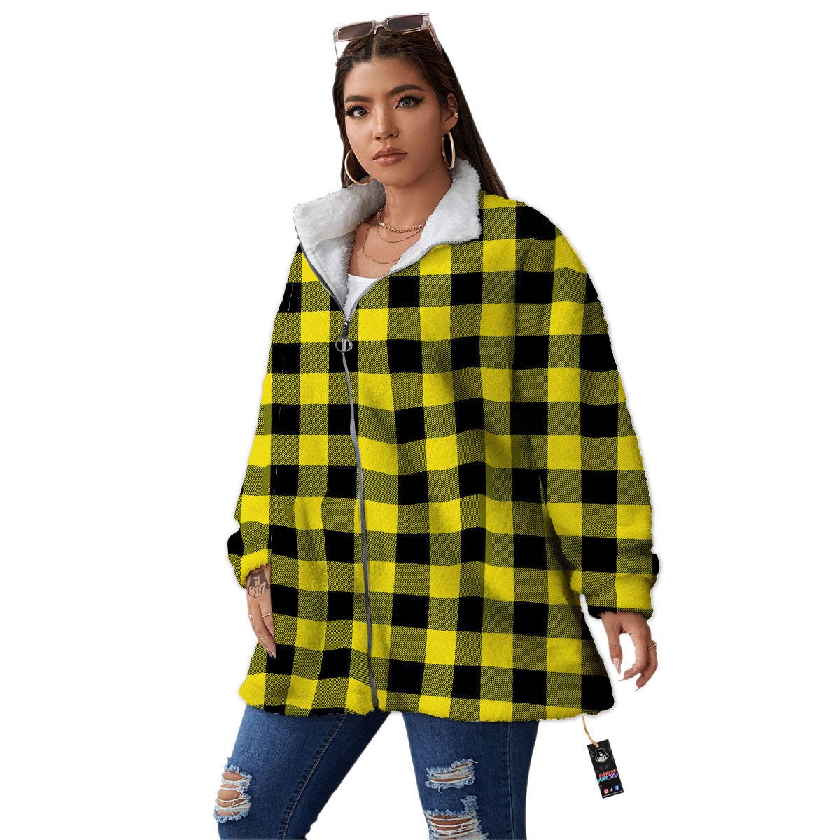 Buffalo Check Yellow And Black Print Pattern Women's Sherpa Jacket-grizzshop