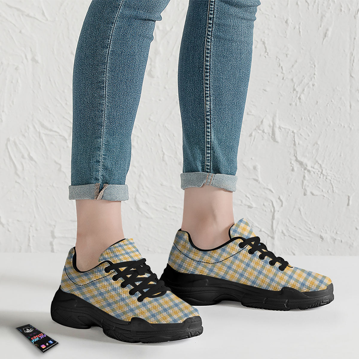 Buffalo Check Yellow And Blue Print Black Chunky Shoes-grizzshop