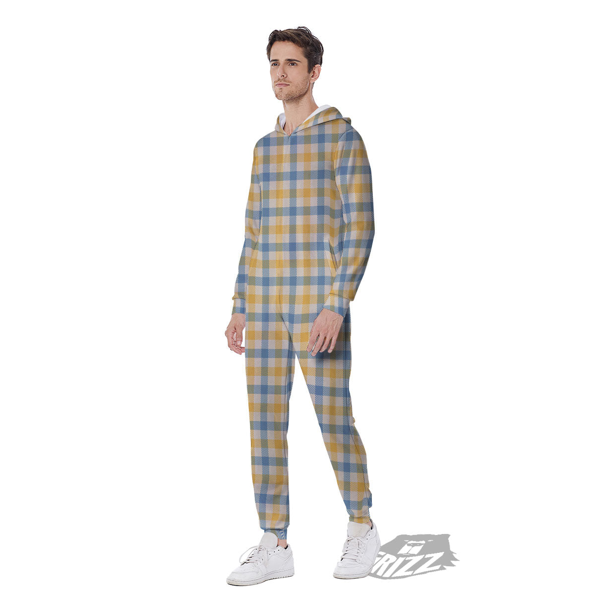 Buffalo Check Yellow And Blue Print Men's Jumpsuit-grizzshop