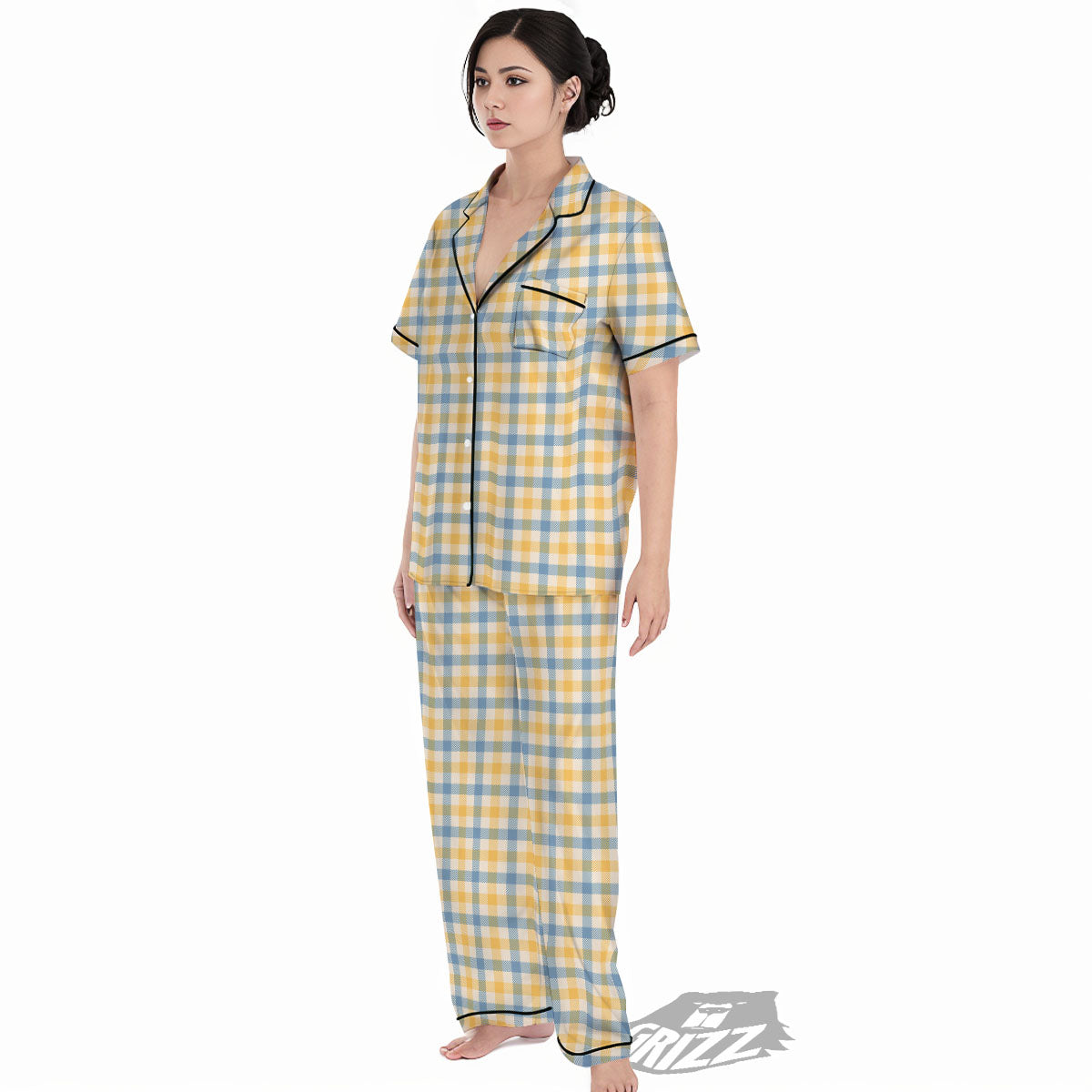 Buffalo Check Yellow And Blue Print Women's Pajamas Set-grizzshop