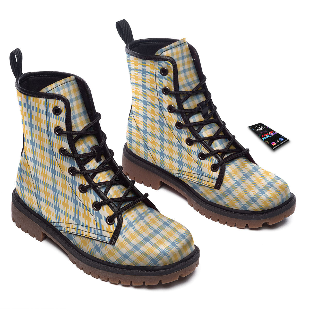 Buffalo Check Yellow And Blue Print Work Boots-grizzshop