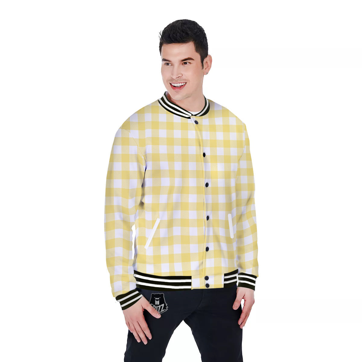 Buffalo Check Yellow And White Print Baseball Jacket-grizzshop