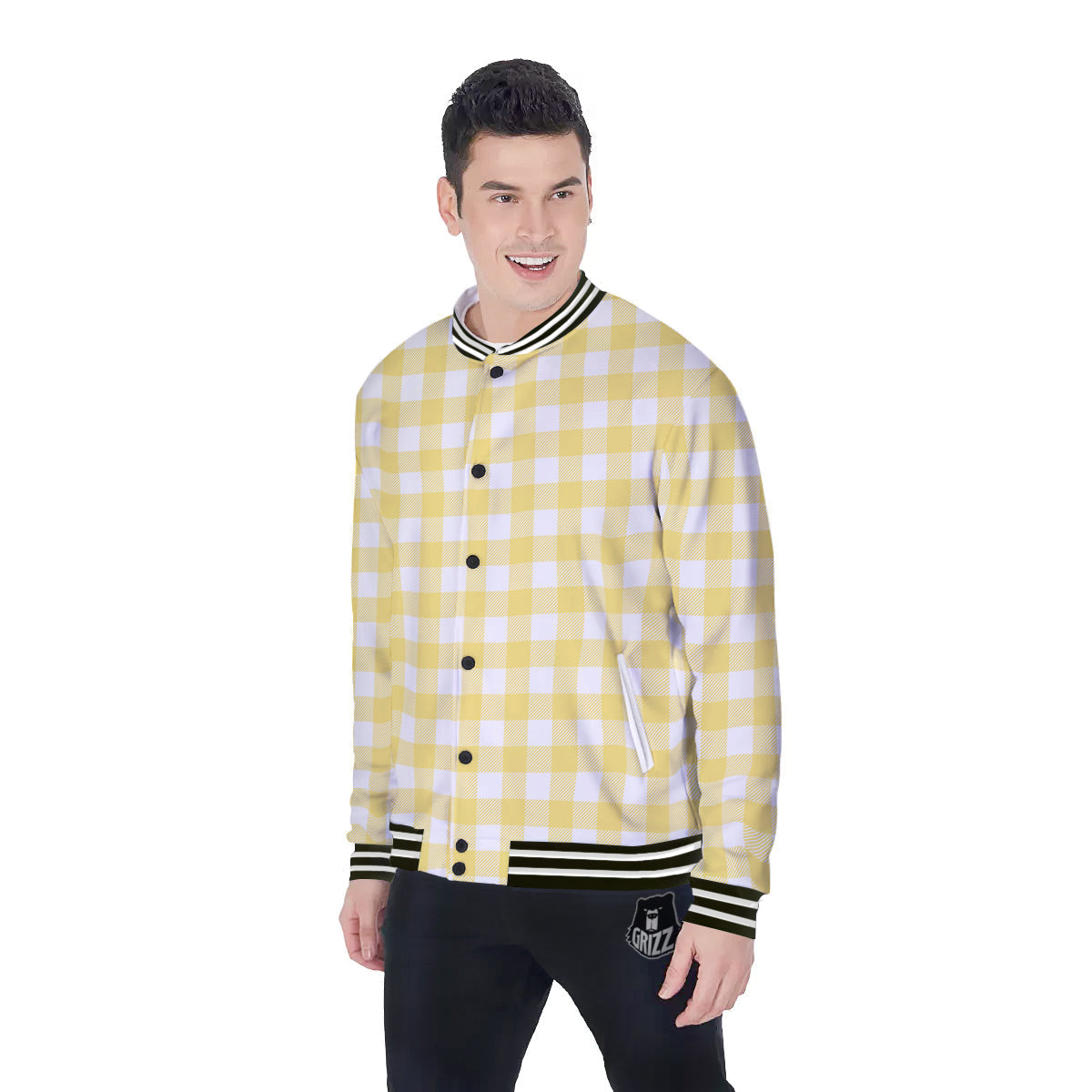 Buffalo Check Yellow And White Print Baseball Jacket-grizzshop