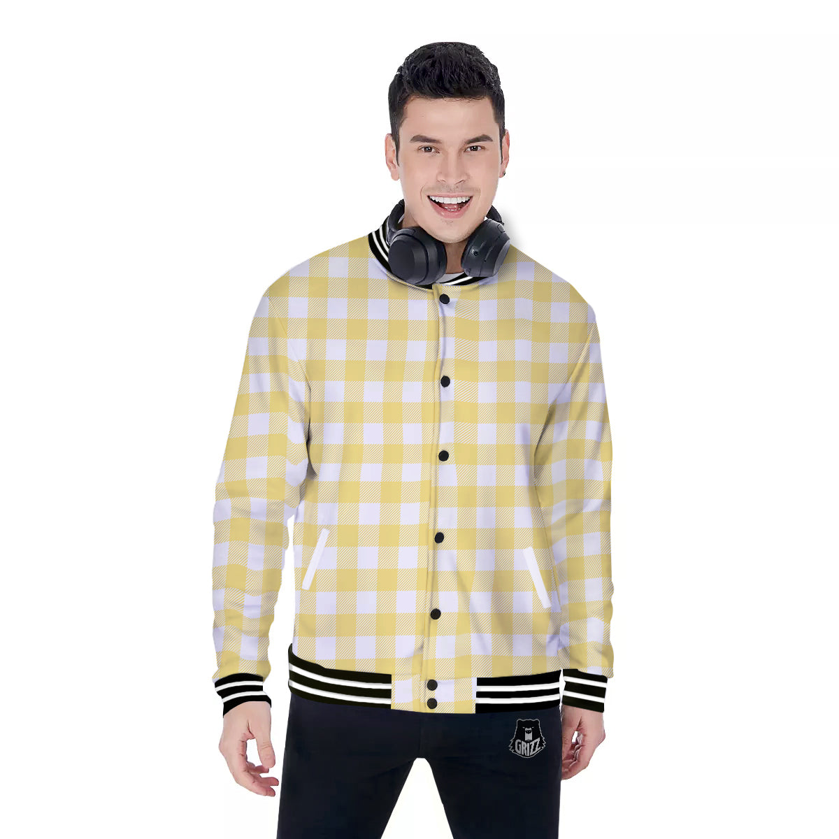 Buffalo Check Yellow And White Print Baseball Jacket-grizzshop