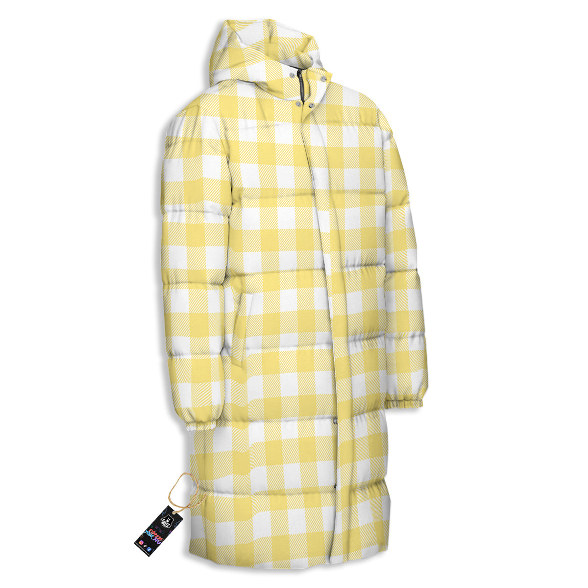 Buffalo Check Yellow And White Print Long Down Jacket-grizzshop