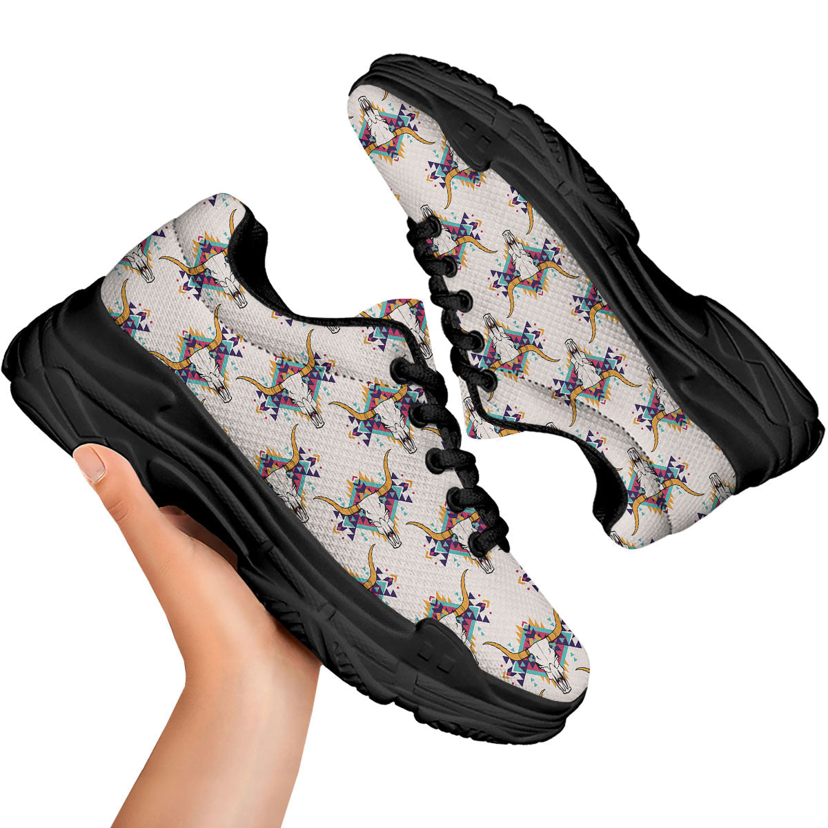 Buffalo Native Print Pattern Black Chunky Shoes-grizzshop
