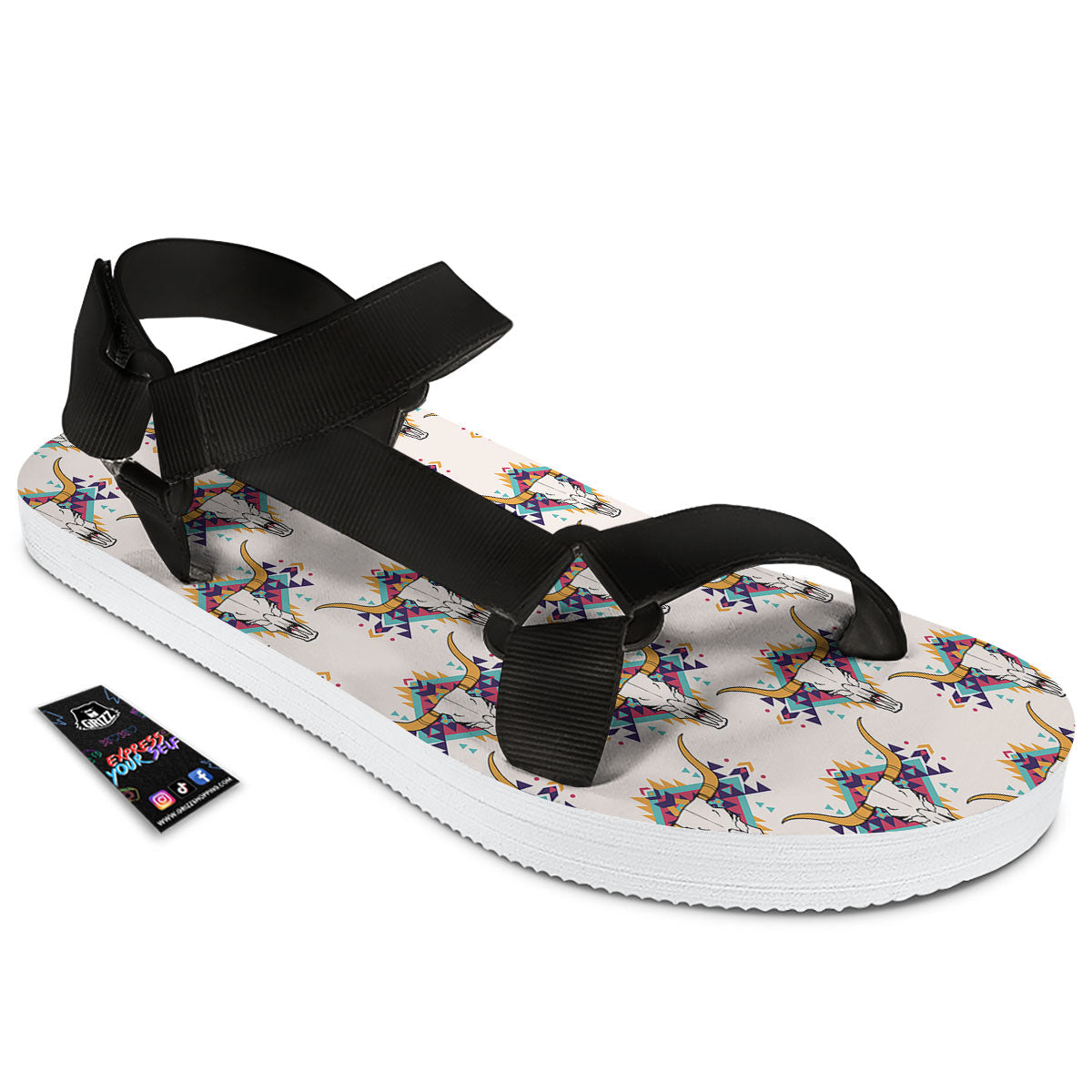 Buffalo Native Print Pattern Black Open Toe Sandals-grizzshop