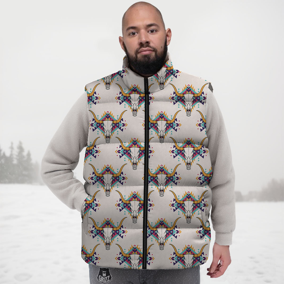 Buffalo Native Print Pattern Down Vest-grizzshop