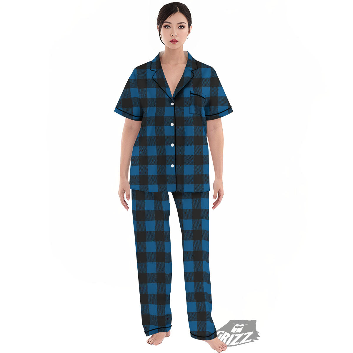 Buffalo Plaid Black And Blue Print Women's Pajamas Set-grizzshop