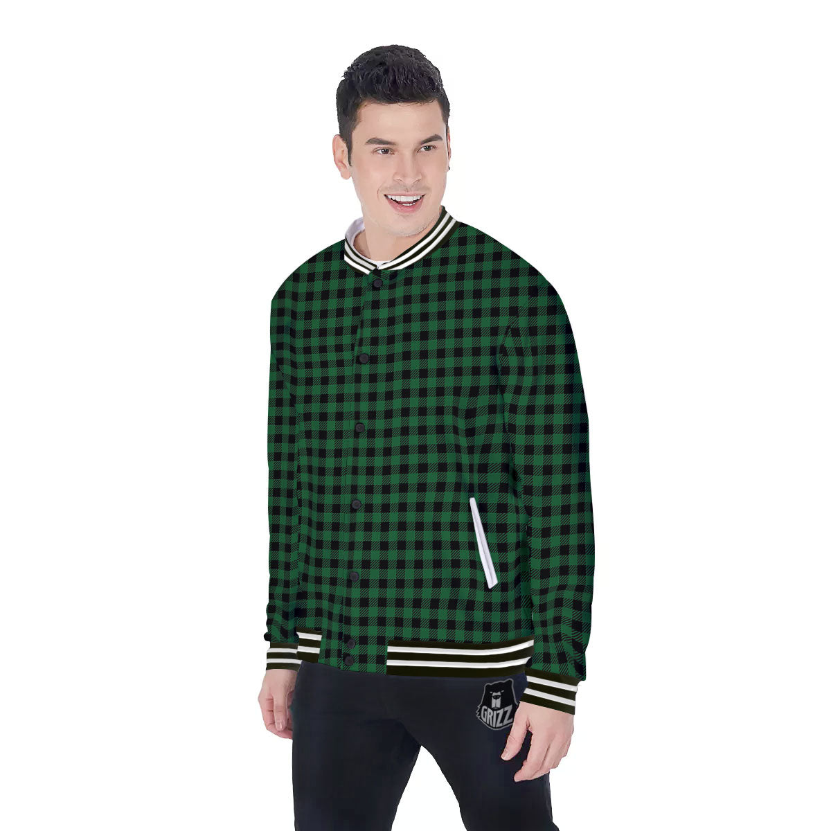 Buffalo Plaid Black And Green Print Baseball Jacket-grizzshop