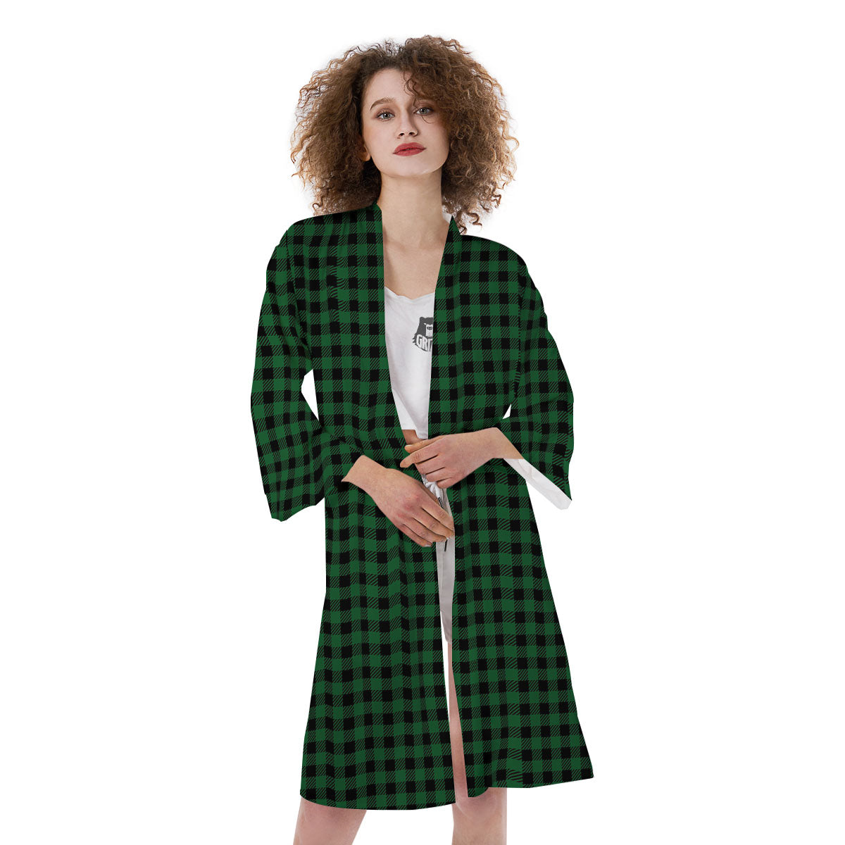 Buffalo Plaid Black And Green Print Kimono-grizzshop