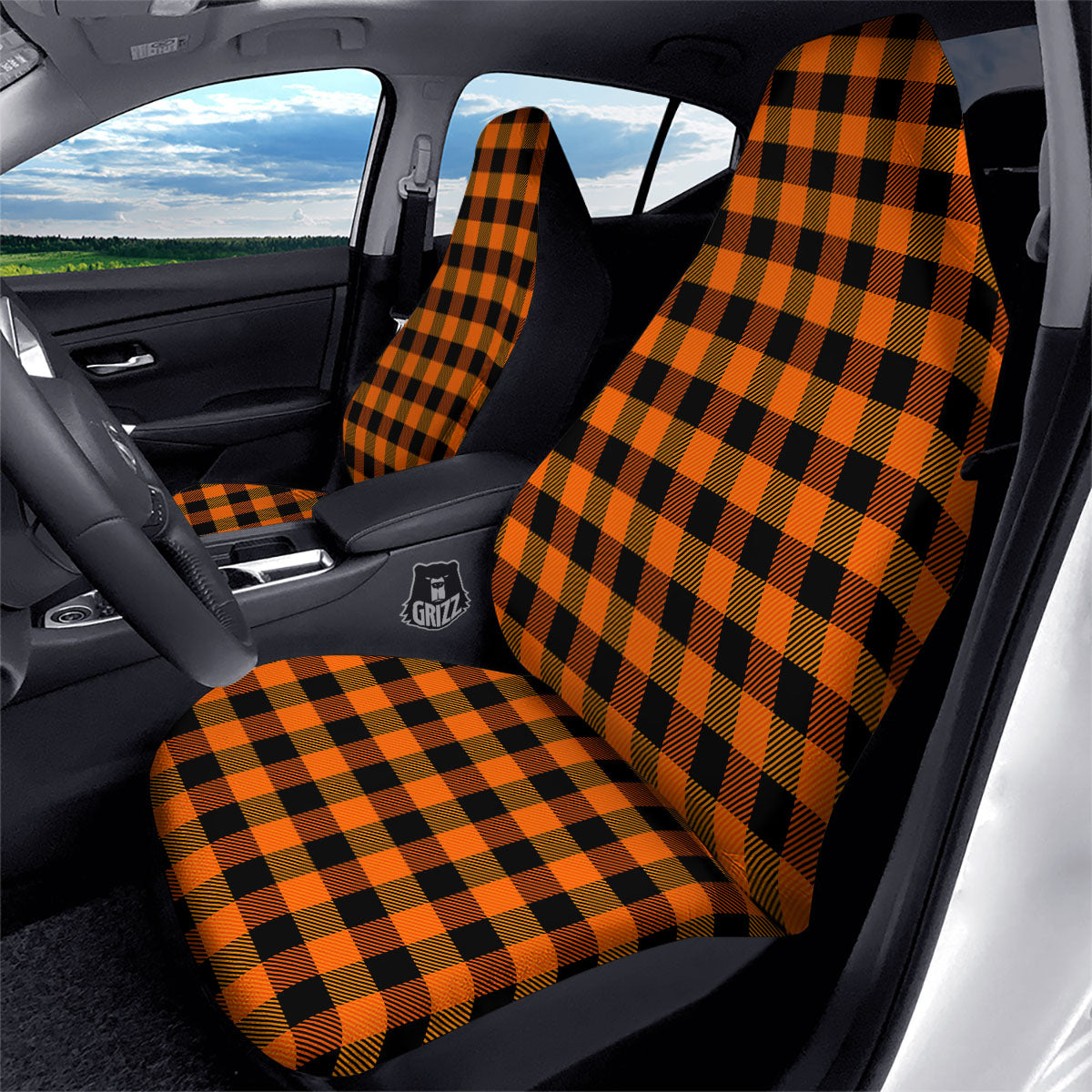 Buffalo Plaid Black And Orange Print Car Seat Covers-grizzshop