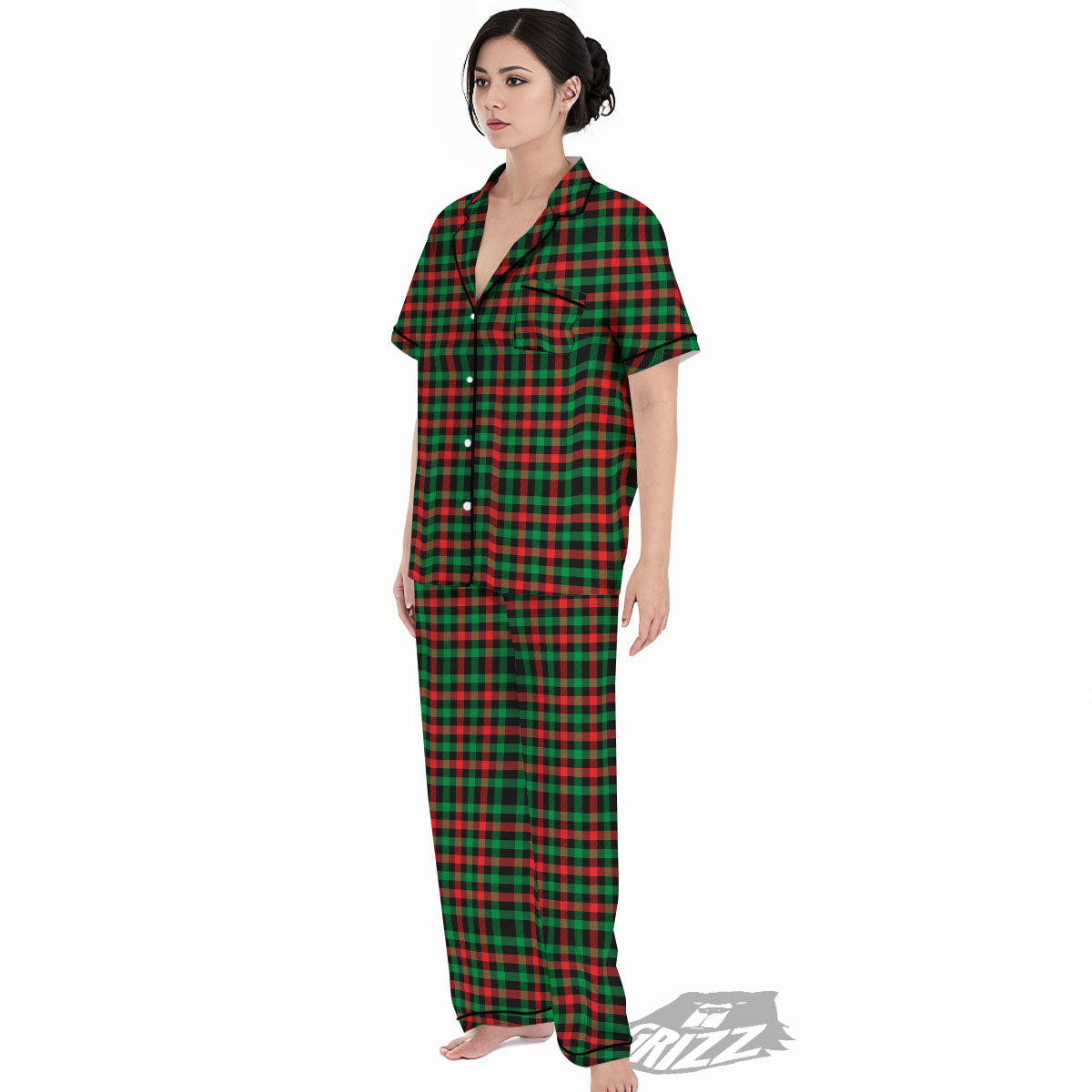 Buffalo Plaid Green Red And Black Print Women's Pajamas Set-grizzshop
