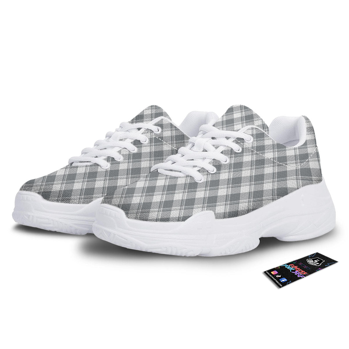 Buffalo Plaid Grey Print Pattern White Chunky Shoes-grizzshop