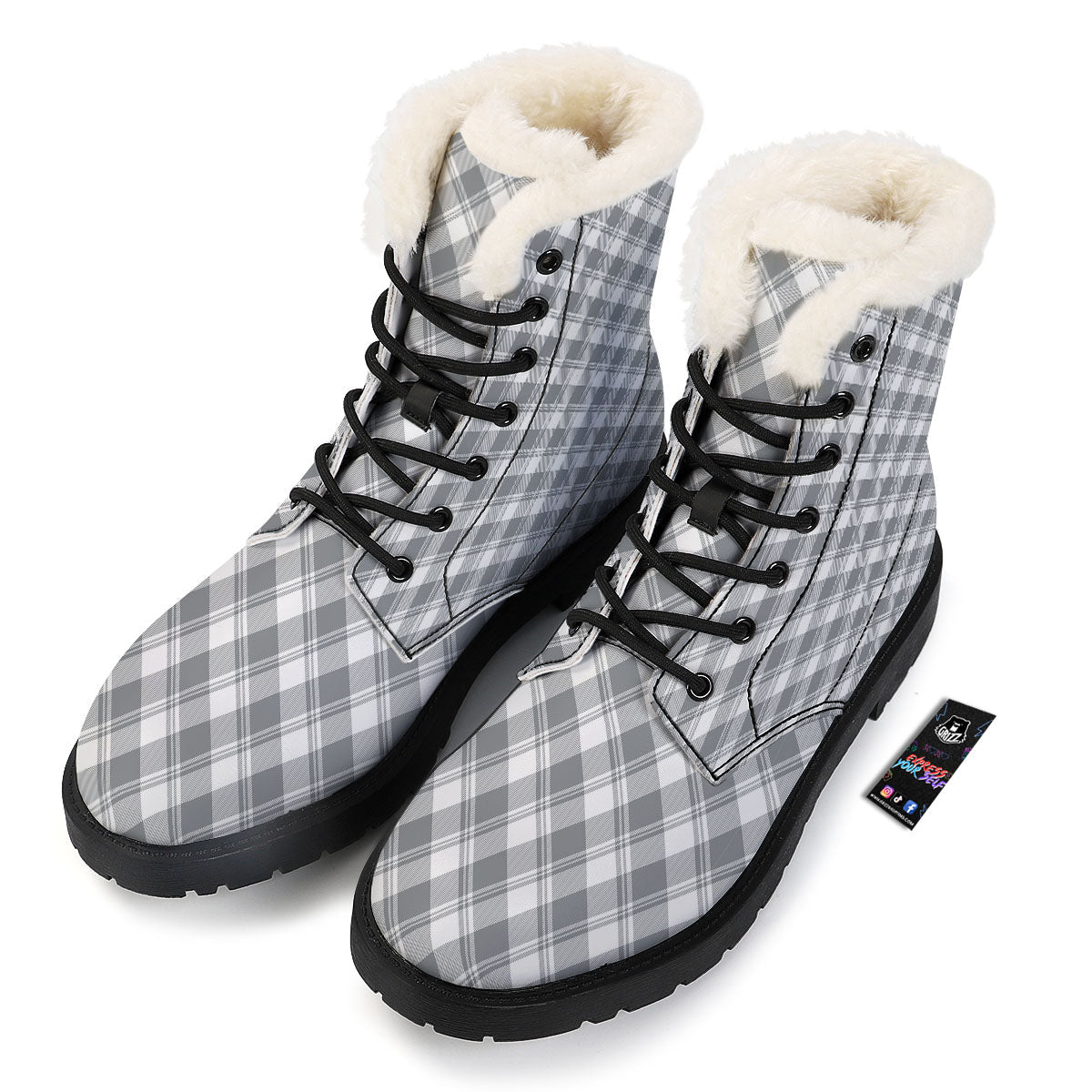 Buffalo Plaid Grey Print Pattern Winter Boots-grizzshop