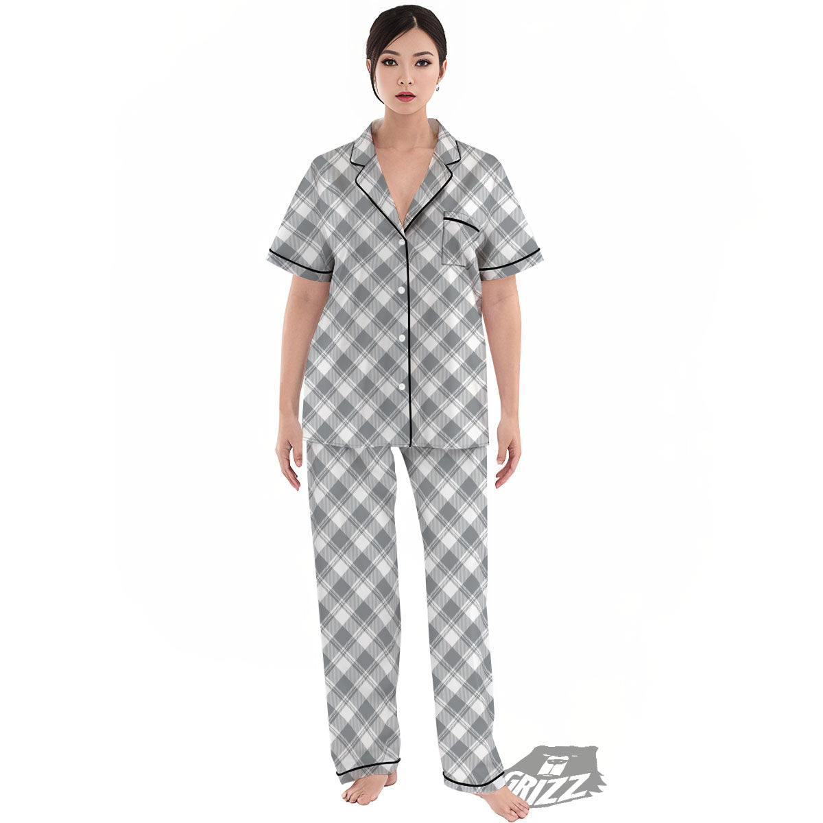Buffalo Plaid Grey Print Pattern Women's Pajamas Set-grizzshop