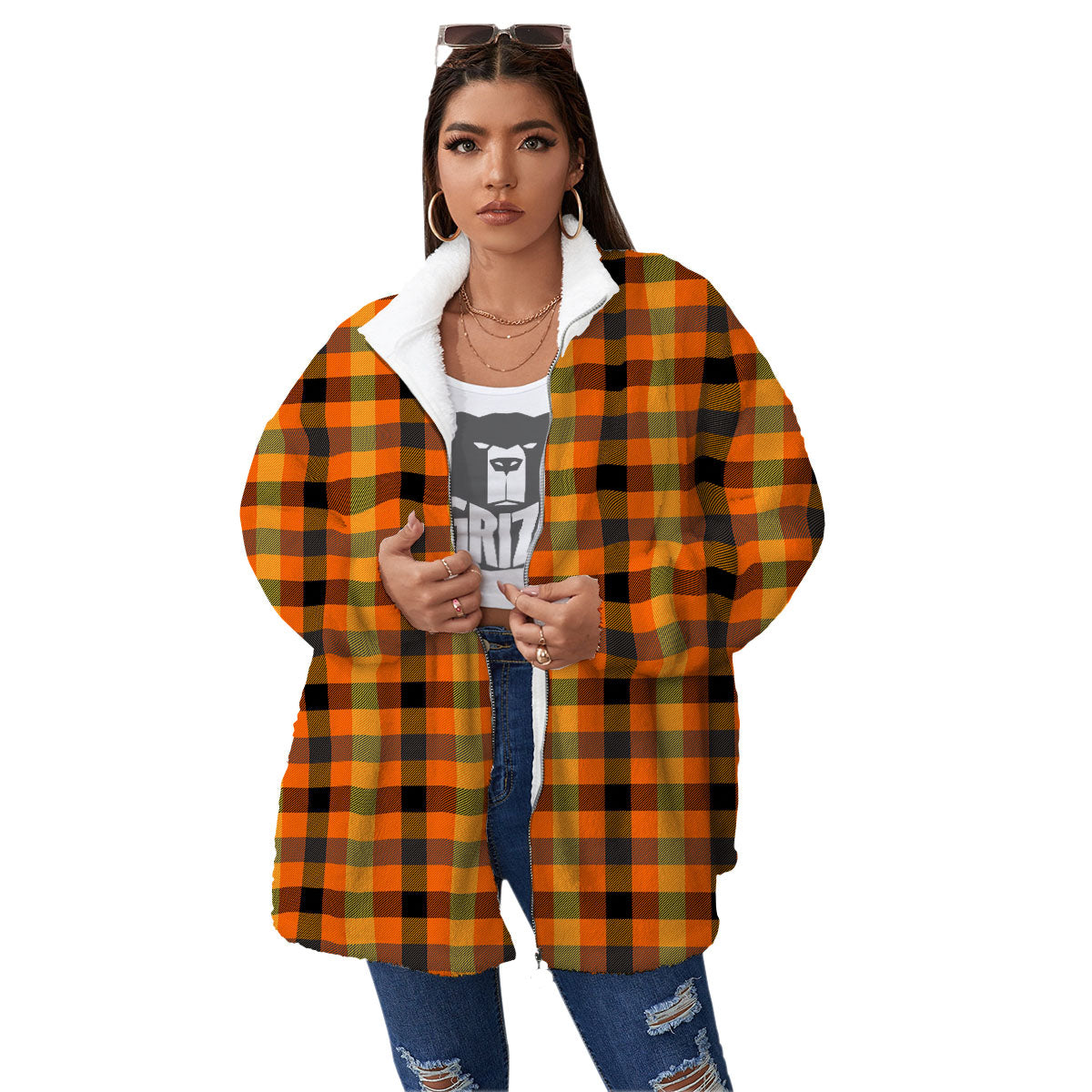 Buffalo Plaid Halloween Print Women's Sherpa Jacket-grizzshop