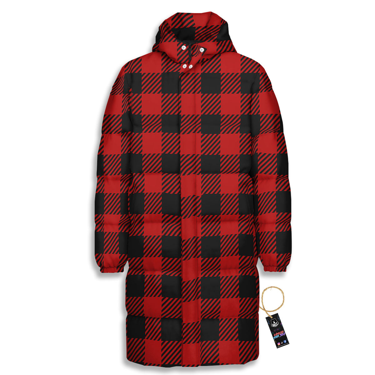 Buffalo Plaid Hot Red Print Long Down Jacket-grizzshop