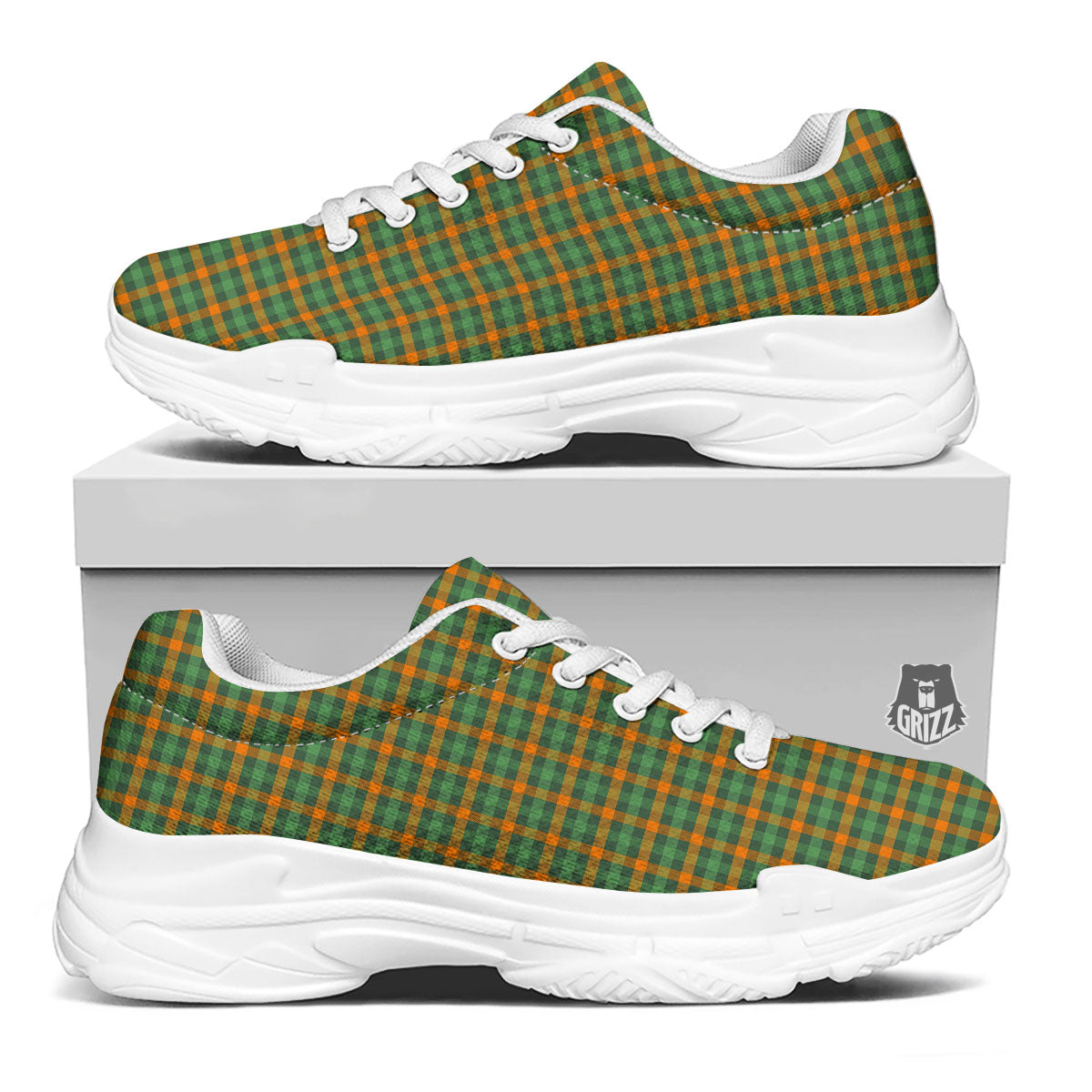 Buffalo Plaid Orange And Green Print White Chunky Shoes-grizzshop