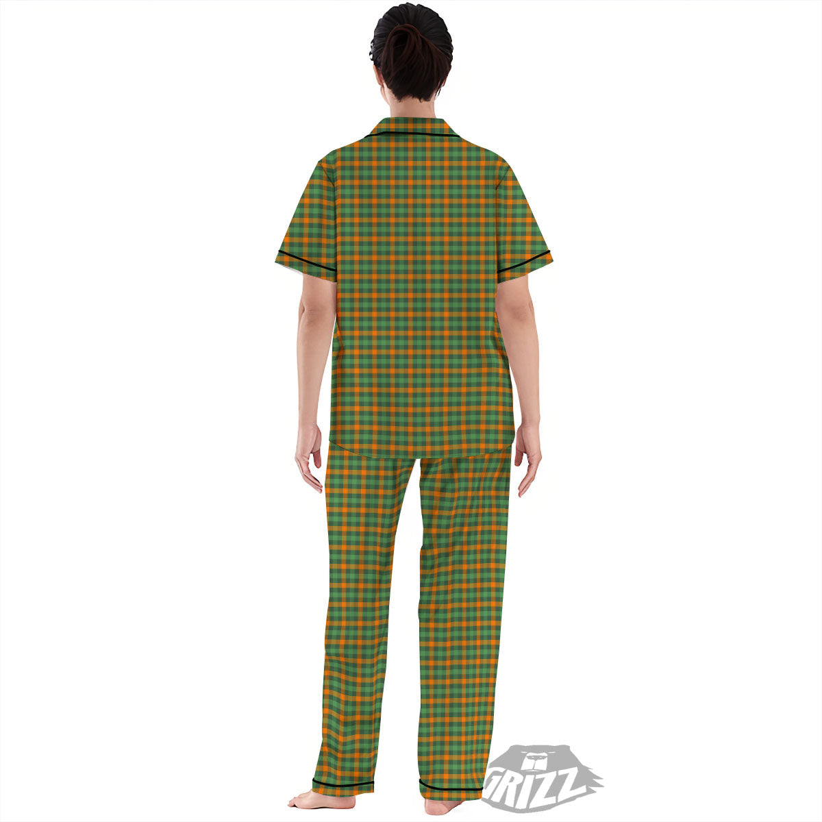 Buffalo Plaid Orange And Green Print Women's Pajamas Set-grizzshop
