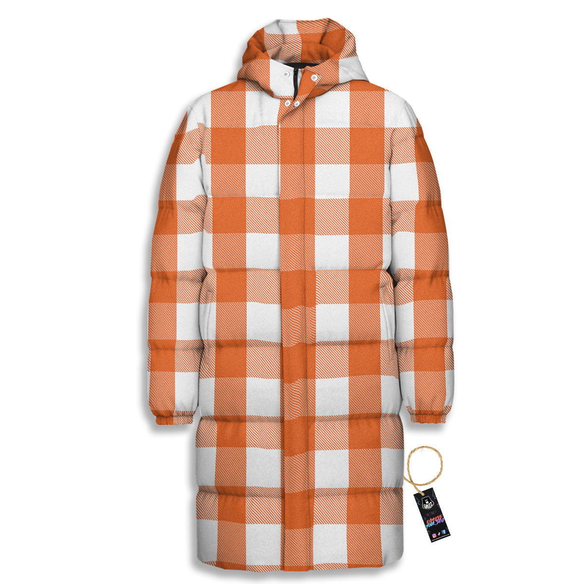 Buffalo Plaid Orange Print Long Down Jacket-grizzshop