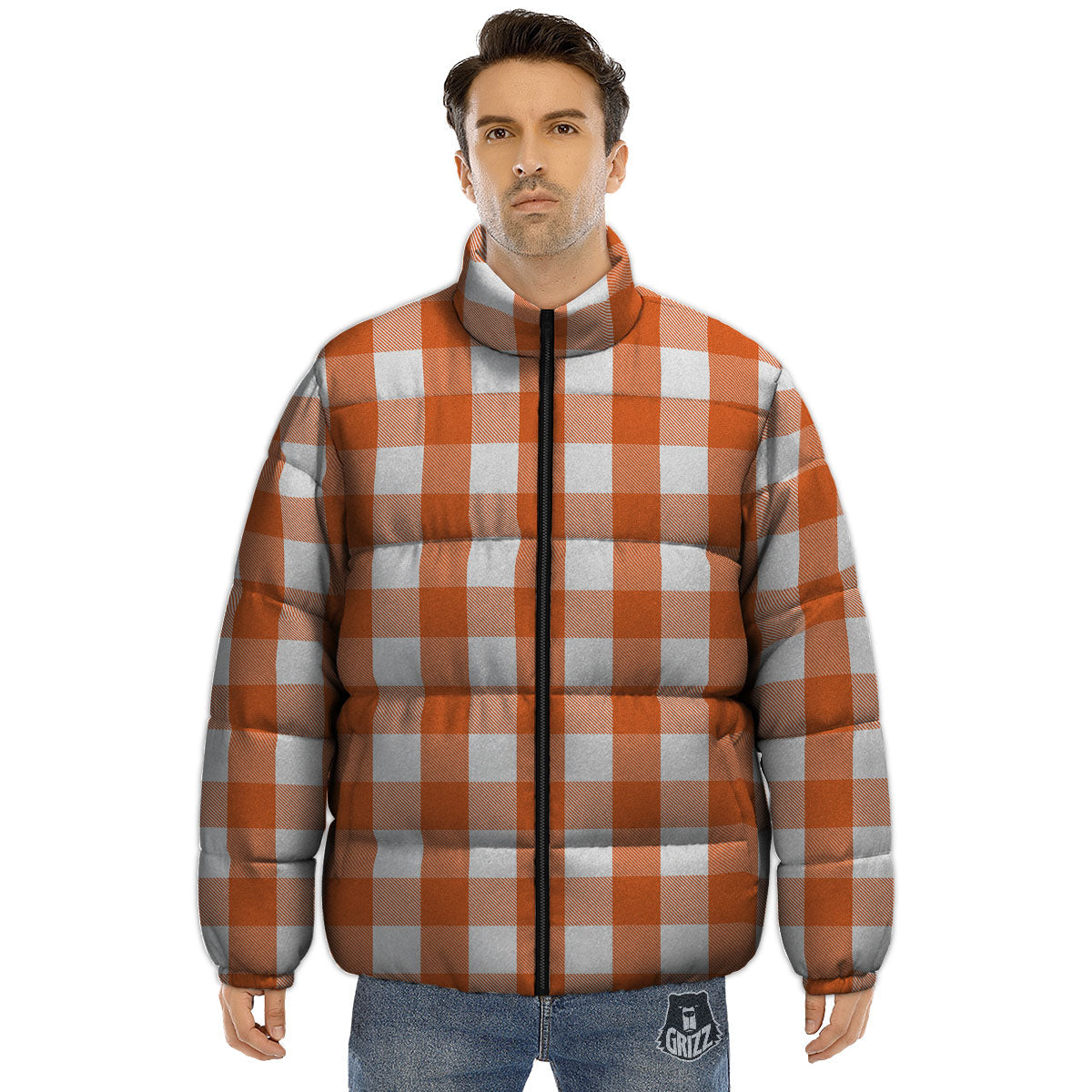 Buffalo Plaid Orange Print Puffer Jacket-grizzshop
