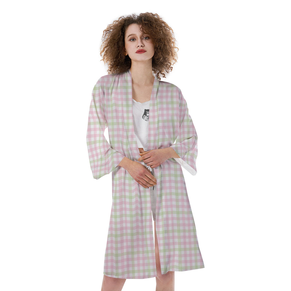 Buffalo Plaid Pink And Green Print Kimono-grizzshop