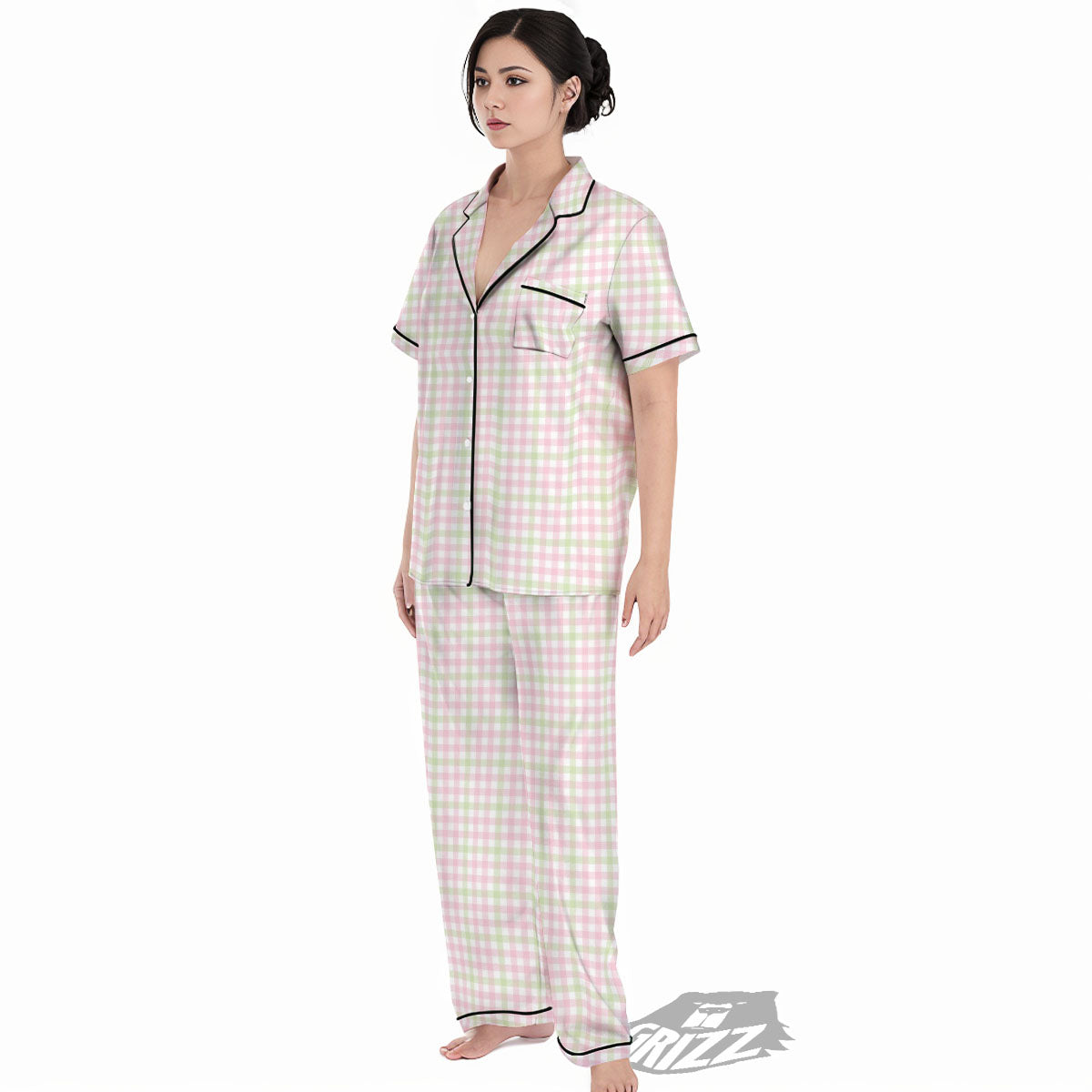 Buffalo Plaid Pink And Green Print Women's Pajamas Set-grizzshop
