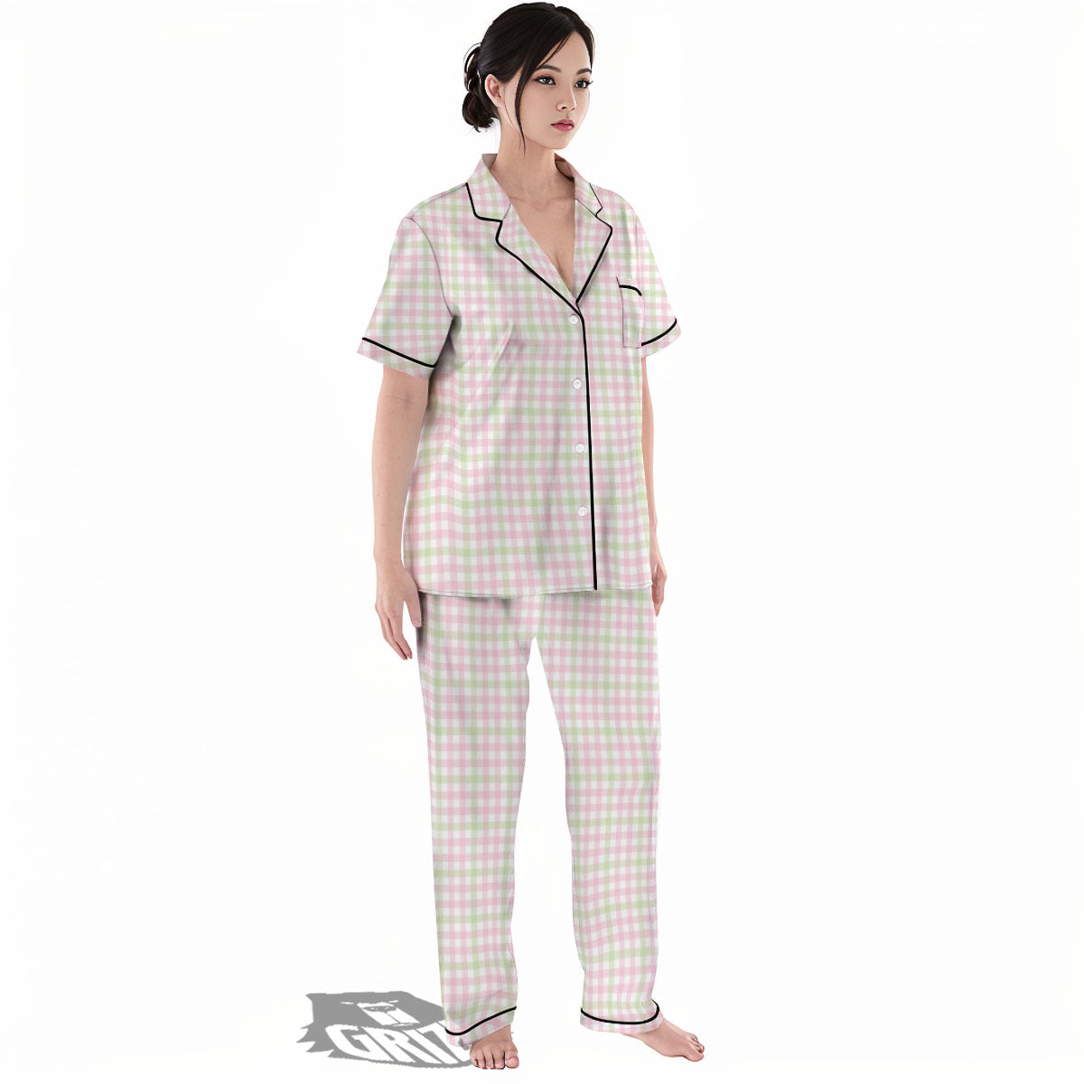 Buffalo Plaid Pink And Green Print Women's Pajamas Set-grizzshop