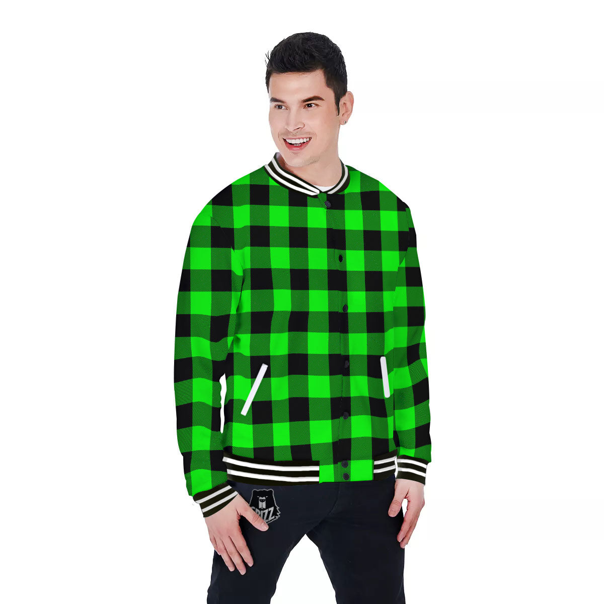 Buffalo Plaid UFO Green Print Pattern Baseball Jacket-grizzshop