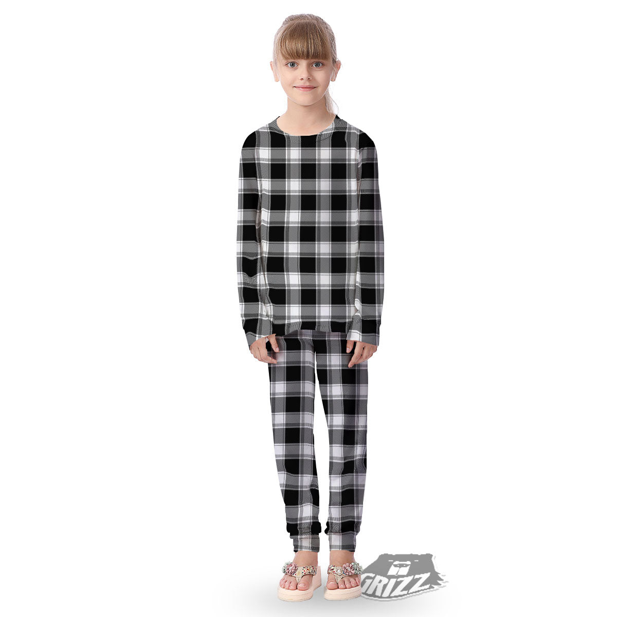 Buffalo Plaid White And Black Print Kid's Pajamas-grizzshop