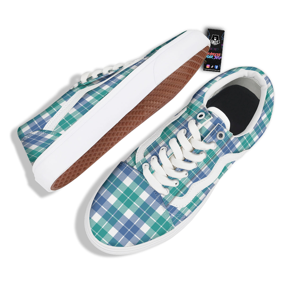 Buffalo Plaid White Green And Blue Print Pattern Skate Shoes-grizzshop