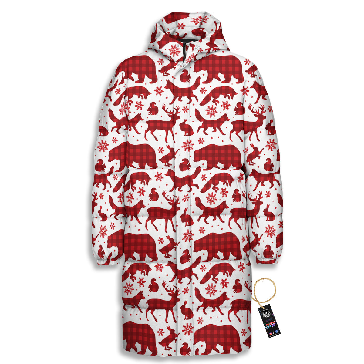 Buffalo Plaid Winter Forest Animal Print Pattern Long Down Jacket-grizzshop