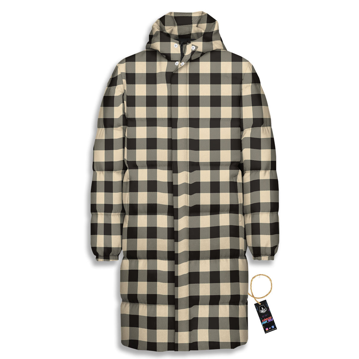 Buffalo Check Black And Beige Print Long Down Jacket