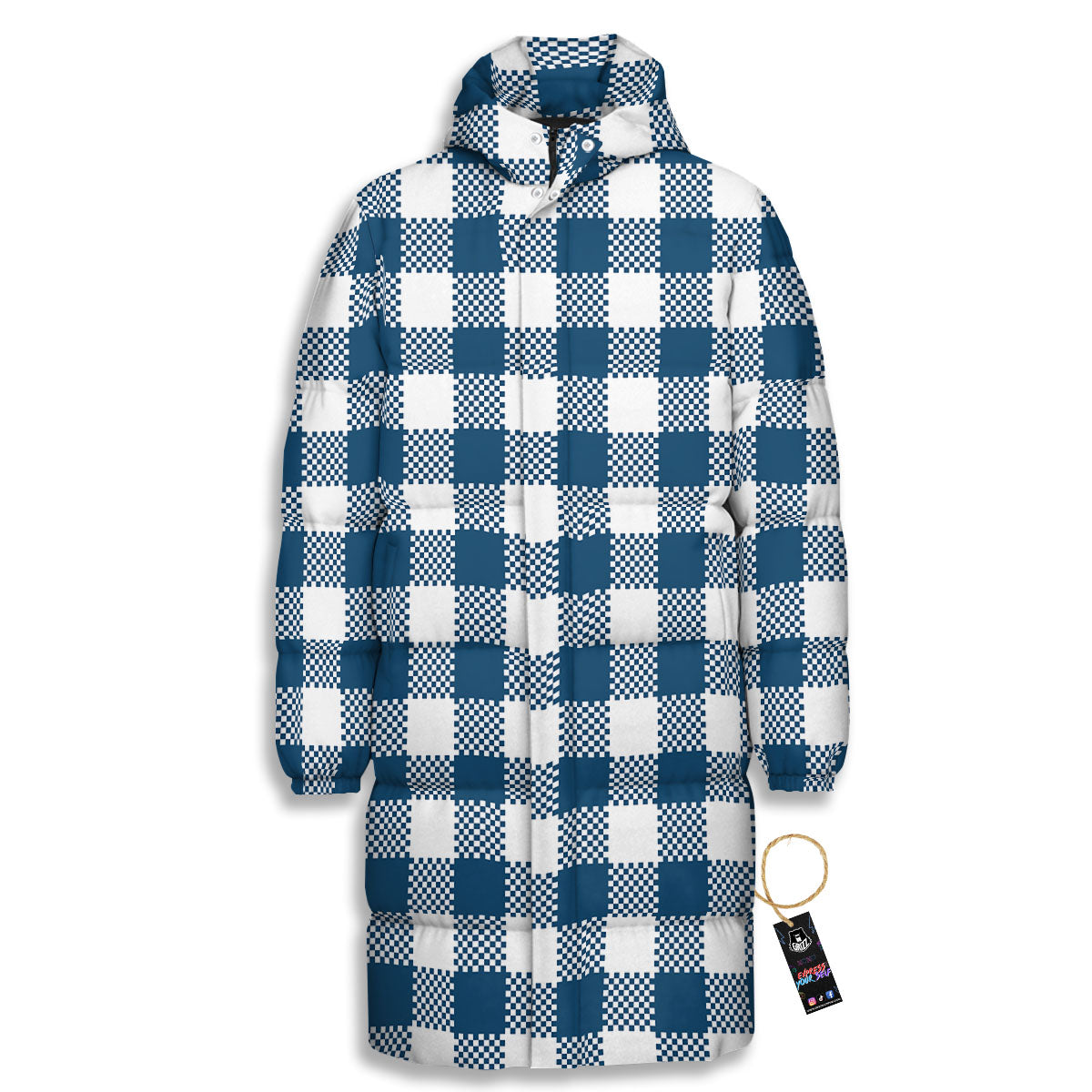 Buffalo Check White And Blue Print Long Down Jacket