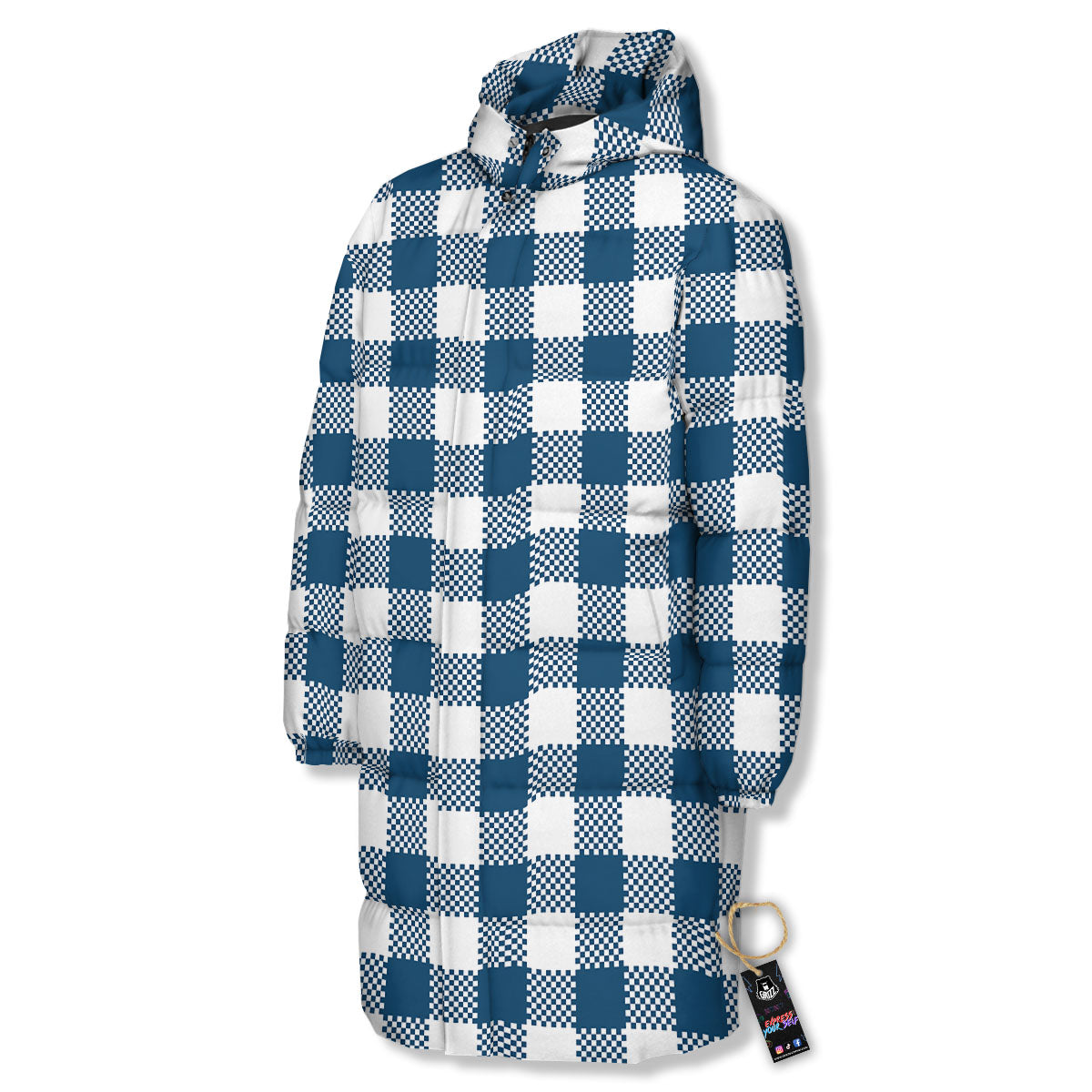 Buffalo Check White And Blue Print Long Down Jacket