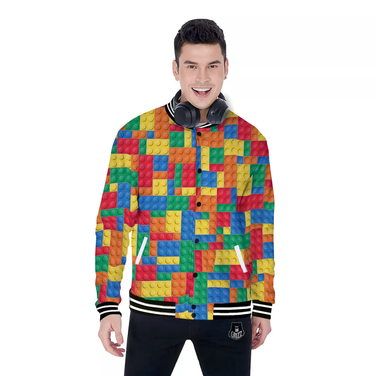 Building Blocks Colorful Plastic Print Baseball Jacket-grizzshop