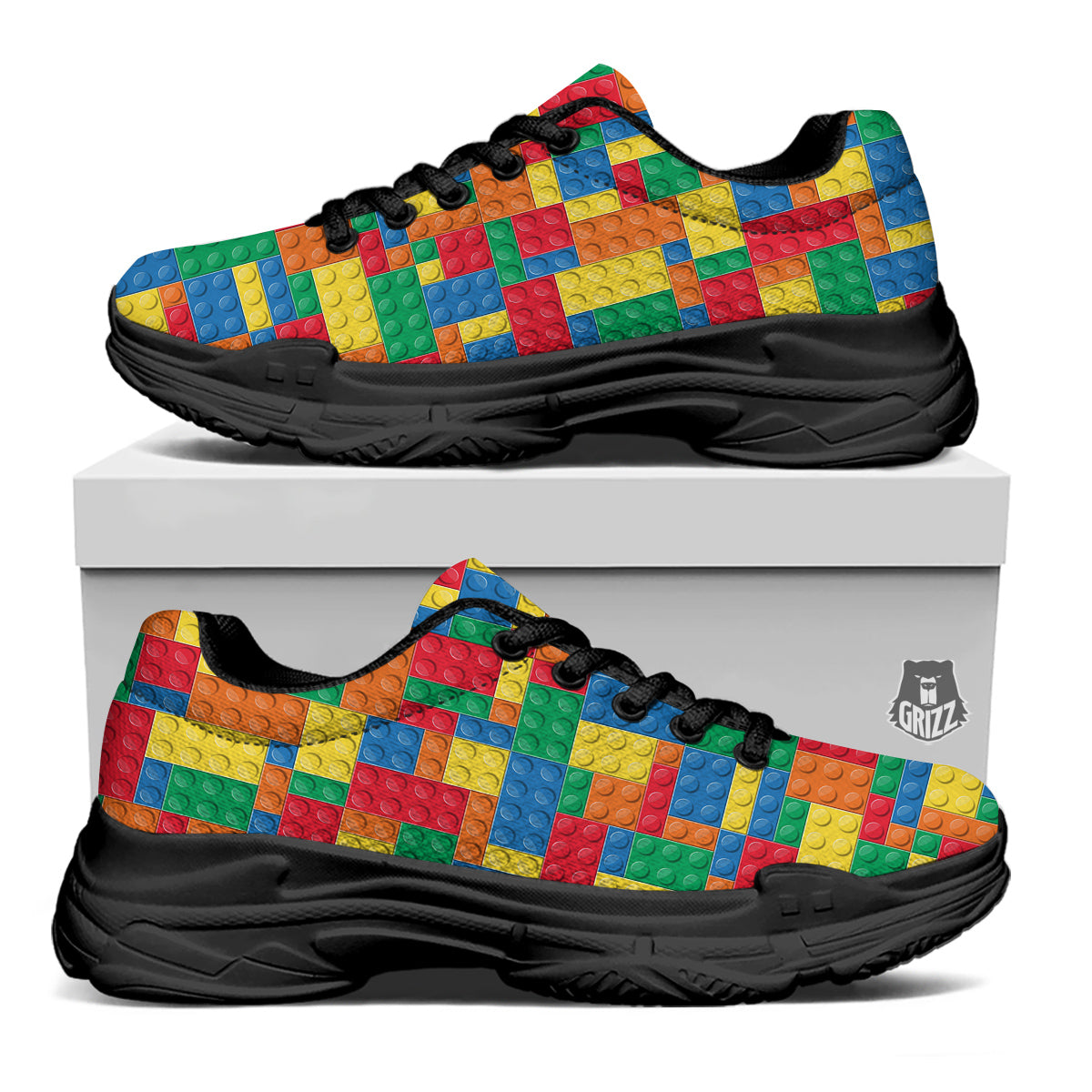 Building Blocks Colorful Plastic Print Black Chunky Shoes-grizzshop