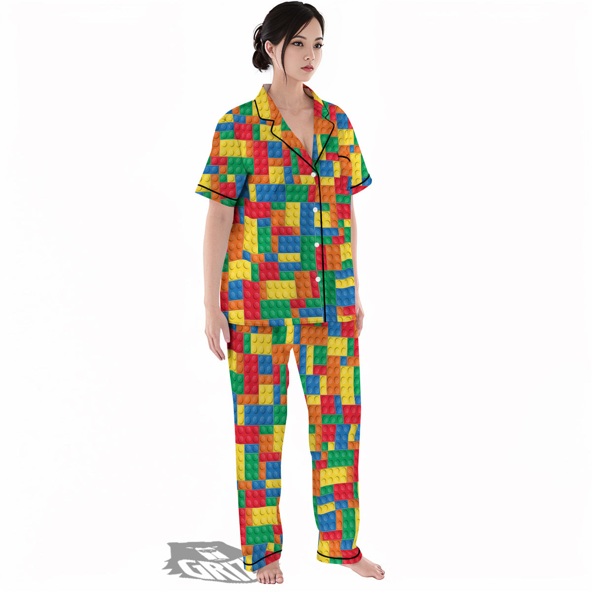 Building Blocks Colorful Plastic Print Women's Pajamas Set-grizzshop