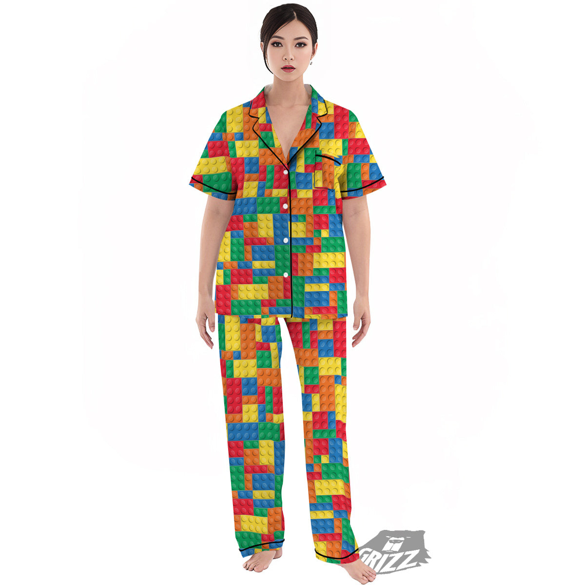 Building Blocks Colorful Plastic Print Women's Pajamas Set-grizzshop