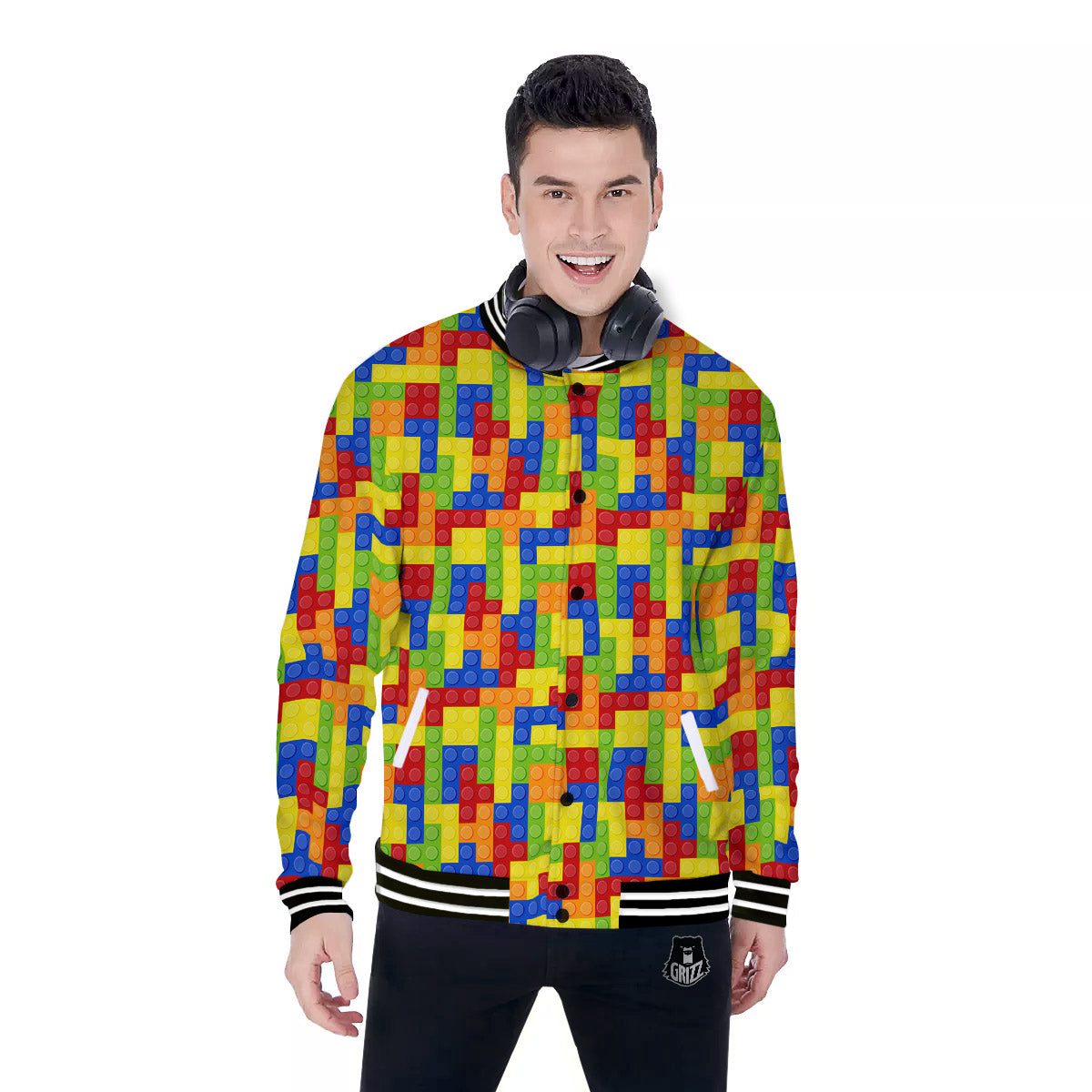 Building Blocks Colorful Print Pattern Baseball Jacket-grizzshop