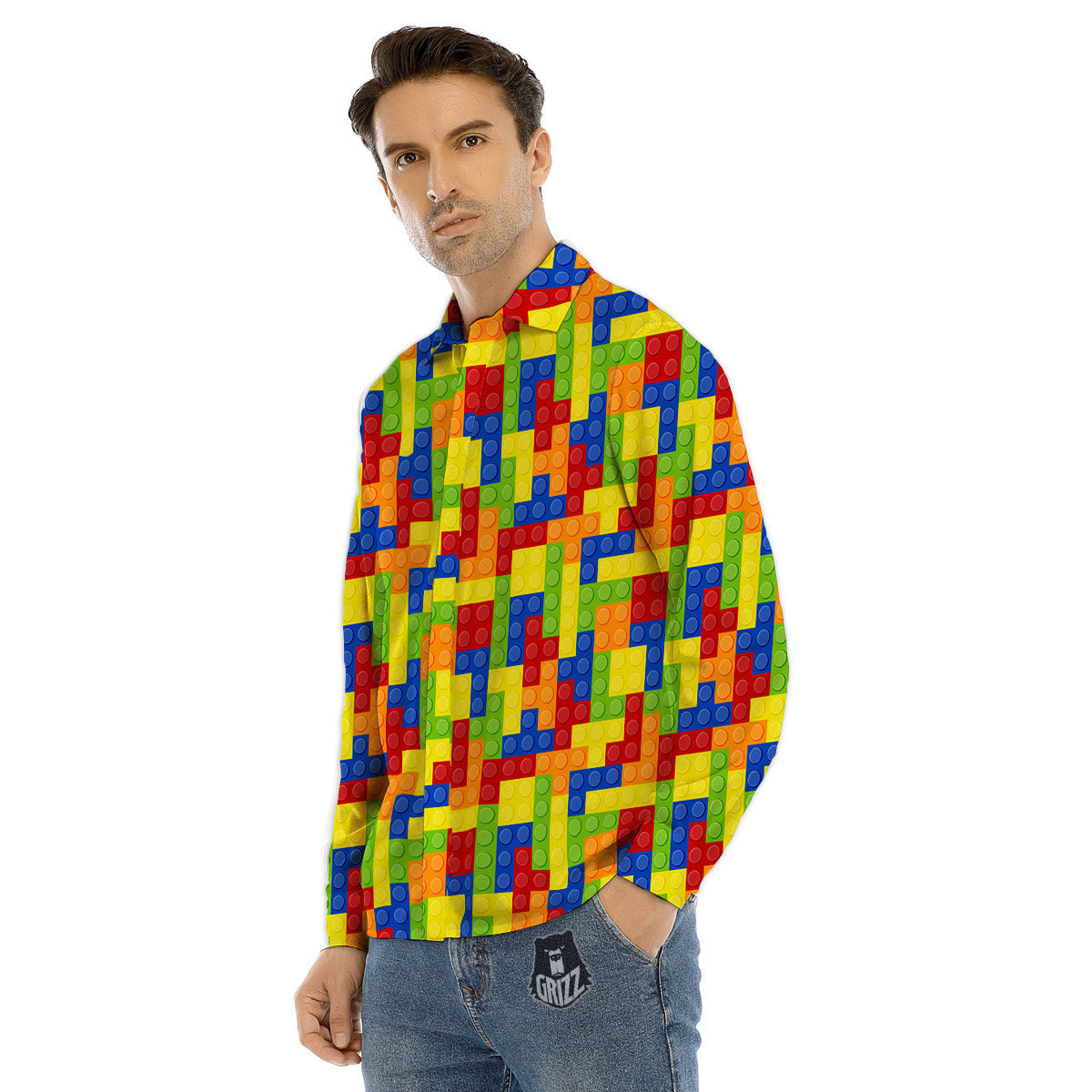 Building Blocks Colorful Print Pattern Men's Dress Shirts-grizzshop