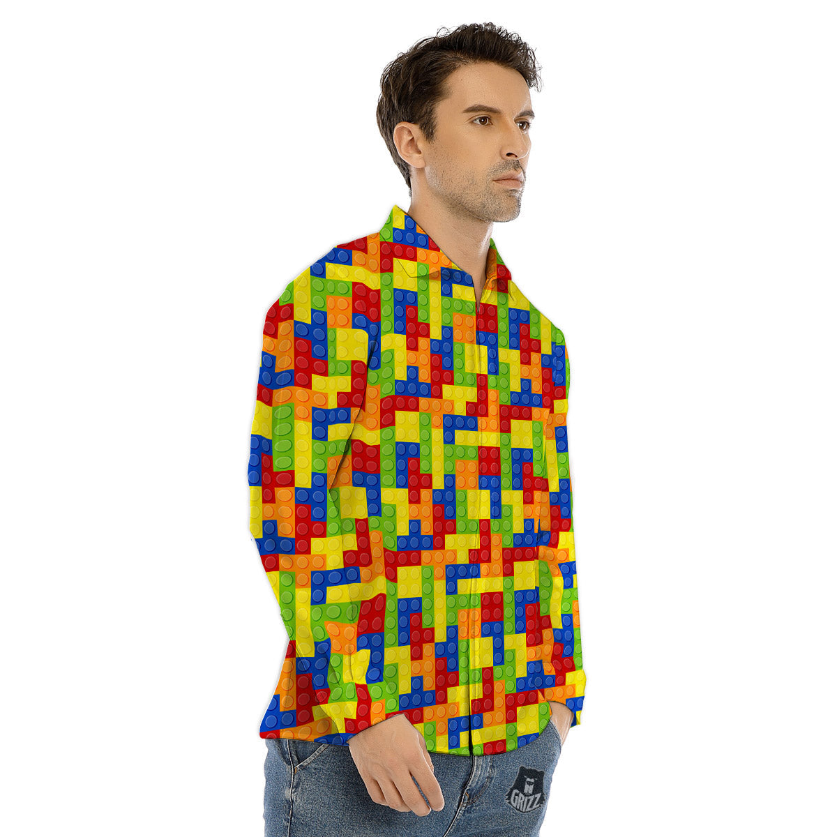 Building Blocks Colorful Print Pattern Men's Dress Shirts-grizzshop